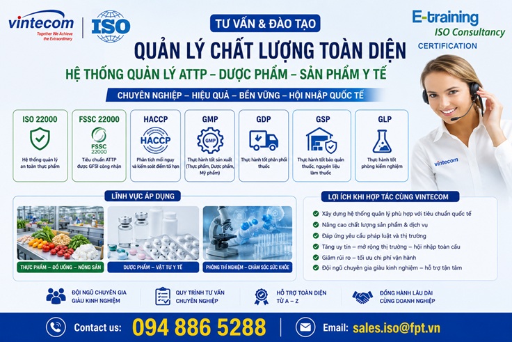 Tư vấn ISO, Tư vấn quản lý chất lượng toàn diện các Hệ thống quản lý theo tiêu chuẩn Quốc tế: ISO 9001, ISO 14001, ISO 22000, HACCP, GM, ISO 27001...