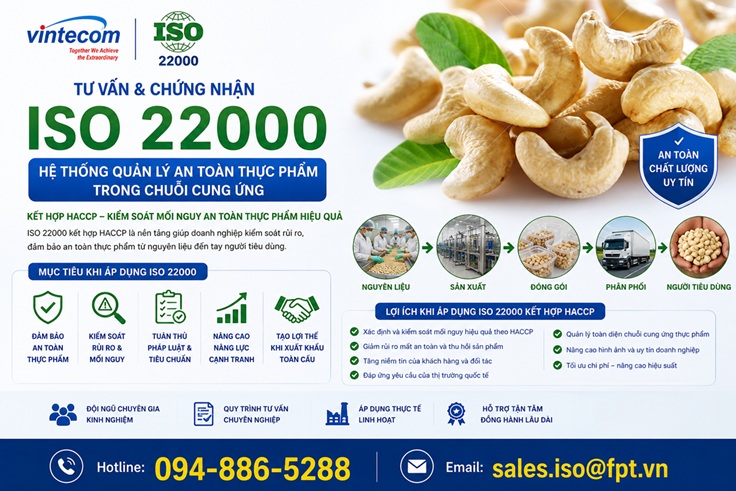 Tư vấn ISO 22000 - Hệ thống quản lý An toàn thực phẩm trong chế biến Điều tại DN Trung Nam