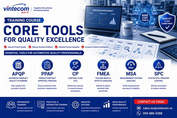 Khoá đào tạo 5 công cụ quản lý cốt lõi 5 Core tools (PPAP, APQP, FMEA, SPC, MSA) trong các lĩnh vực công nghiệp và sản xuất linh kiện ô tô.